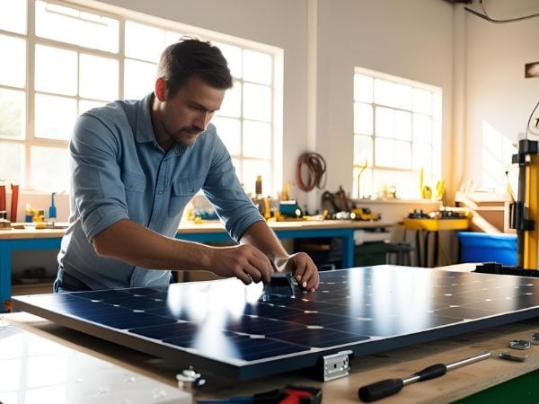 Mann montiert ein Solarpanel, Foto: Canva KI