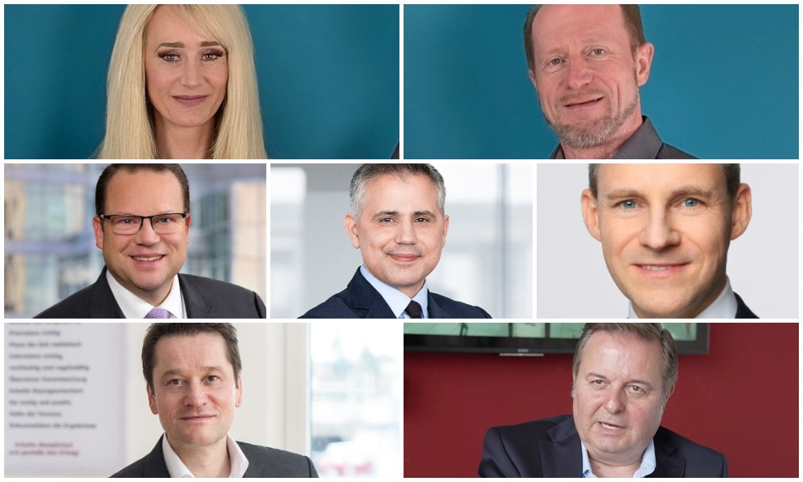 Unsere Podcast-Gäste ist dieser Folge: Obere Reihe v.l.: Vanessa Kirchner und Siegfried Isenberg, beide IKK classis. Mittlere Reihe v.l.: Martin Stenger, Franklin Templeton, David Krahnenfeld, Ampega, und Christian Eck, BNP Paribas. Untere Reihe v.l.: Michael Hauer, IVFP, und Carsten Kock, HDI.