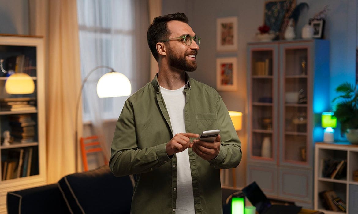 Junger Mann checkt auf seinem Smartphone die aktuellen Kurse von Gold, Krypto und Fonds.